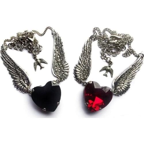 Angel Wings Necklace with Dark Red Heart Angel Wings & Heart Necklace Black Heart Necklace Angel Wings Flying Heart Necklace