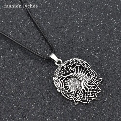 Fashion lychee Tree Of Life Symbol Antique Silver Color Pendant Necklace Black Rope Chain Mens Jewelry