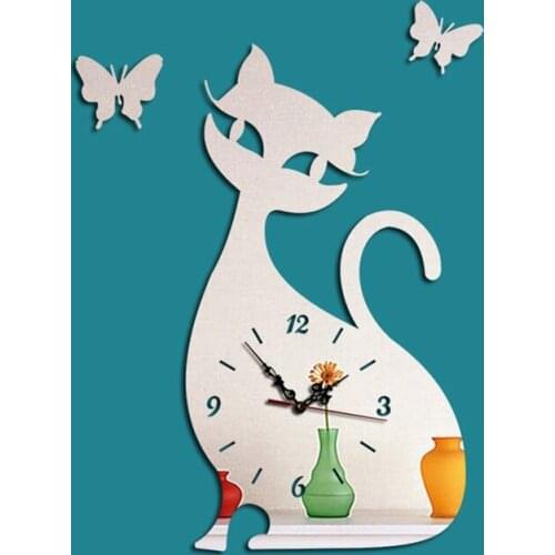 Cat Sticker Children Wall Clock Designer Mirror Clock Cat Butterfly Wallclock Home Decor Watch Superior Cat Clocks Separates Z83