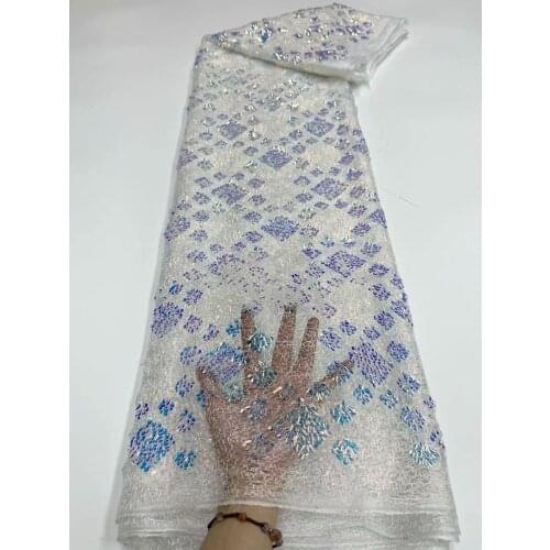 Exclusive African Lace Fabric 5 Yards Net Embroidery Nigerian Wedding Sew Lace White Sequined Fabric Sewing Materials Wedding JY