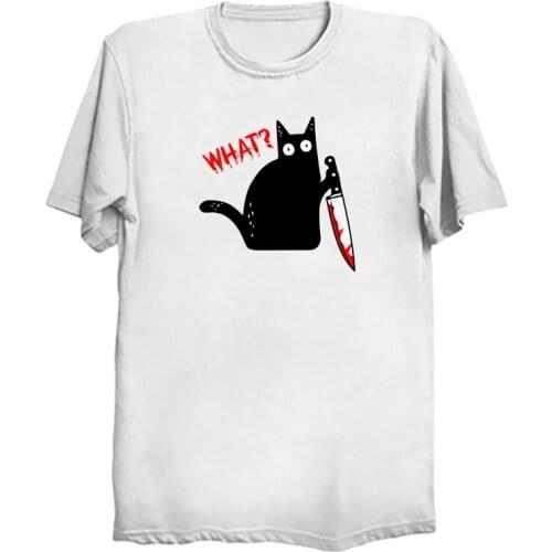 Black Cat Holding Knife T Shirts Bloody Dangerous Kitten Lover T-shirt Halloween Costume Shirt Killer Cat with Knife T Shirt