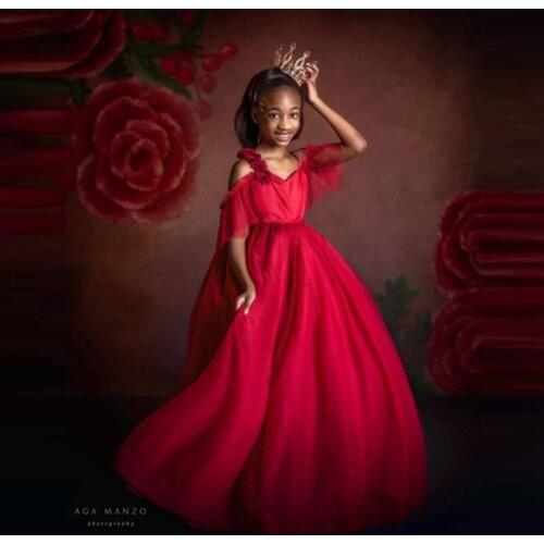 Pretty Red 3D Flower Tulle Long Flower Girl Dresses To Wedding Party Little Girls Communion Dress Pageant Dresses For Kids