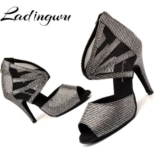 Ladingwu Dance Boots Latin Women Dance Shoes Gray Flash Cloth Salsa Dance Shoes For Women Ballroom Shoes Dancing