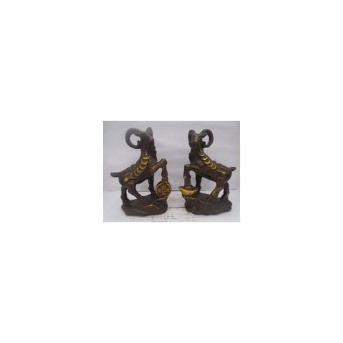 Metal Crafts Home Decoration Crafts Chinese old copper/bronze carved a pair of Gold gilt coin goat Figurine/ goat Statue