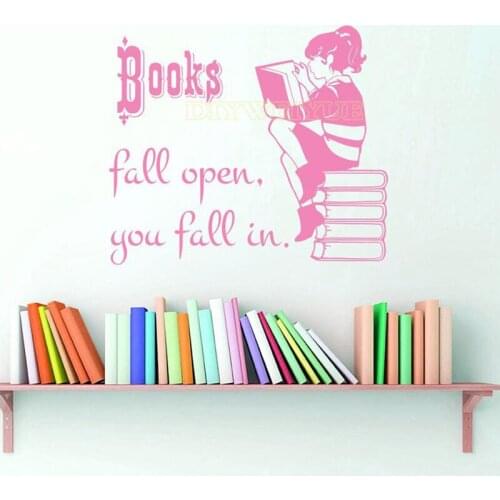 Reading Study Wall Decal Quote Books Fall Open You Fall In Fairy Tales Girl Vinyl Wall Decals Library Kids Room Decoration Z845
