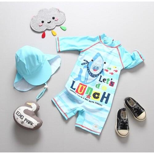 New 2020 Boys Swimsuit With Hat Shark Style One Piece Childrens Swimwear Boys Swimwear Shark Bathing Suit With Hat HX-882032