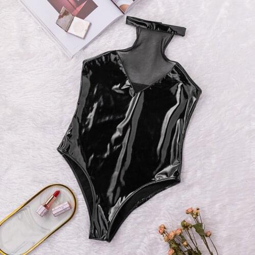 Plus Size Patent Leather Sexy Bodysuit See Through Halter Female Sexy Lingerie Temptation Women Underwear Porn Erotic Body Teddy