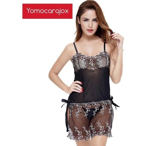 Beautiful Embroidery Sexy Lingerie Lady Print Perspective Lure Pajamas Women Underwear M-6XL Plus Size Sleep Skirt Porno Dress