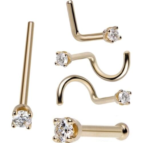 5Pcs Fashion Body Jewelry Rhinestone Gold Nose Studs Stainless Surgical Steel Hook Bone Bar Nose Piercing Crystal Stud Rings