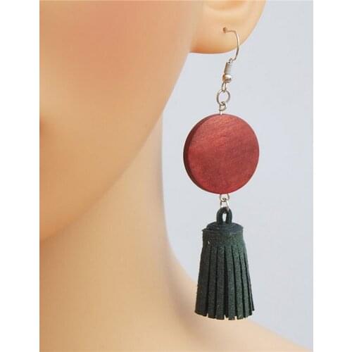 Colored Natural Wood Round Disc Velvet Tassel Dangle Earrings for Women Fashion Bohemian Style Ethnic Statement Wooden Jewelry