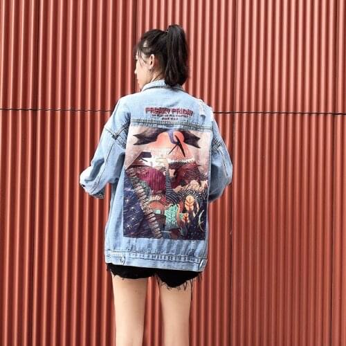 2019 Autumn and Winter Cartoon Dinosaur Patch Jean Jackets and Coats Women Vintage Denim Jacket Streetwear with Letters