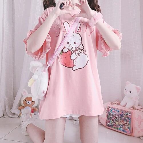 College Lolita Pink Femme T-shirts Kawaii Strawberry Bunny Graphic Summer Tops Women Soft Gir Cute Rabbit Ruffle Tee Tshirt