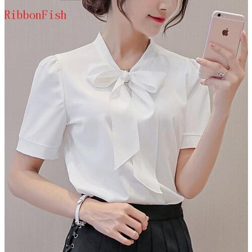 Office Wear Women Summer Chiffon Blouses Shirts Lady Girls Casual O-Neck Bow Tie Short Sleeve Tops Shirts Blusas DF1161