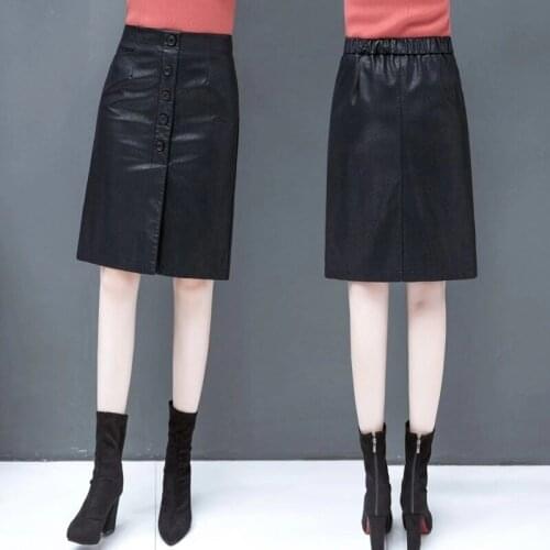Winter Fall Fashion Women Elastic High Waisted Buttons Black Pu Leather Skirt , 2019 Autumn Slim 5xl Placket Skirts for Women