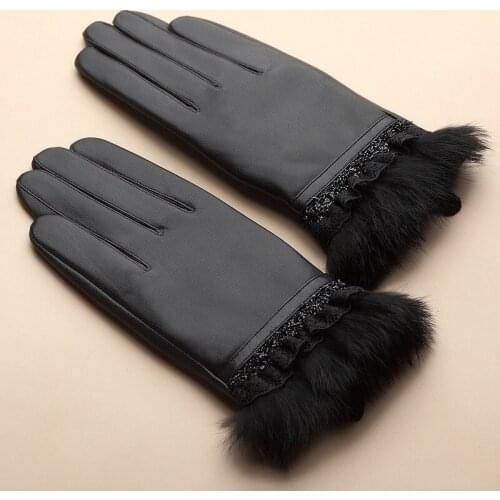 Sheepskin leather gloves womens rabbit fur thick velvet lining autumn and winter warm lady black leather gloves free shipping