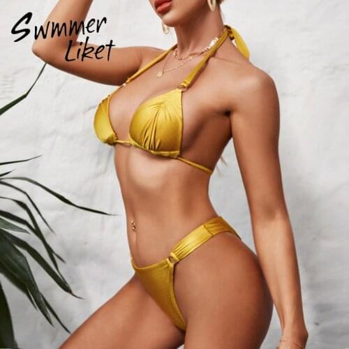 Push up swimsuit female Golden swimwear women Shiny two piece suit Halter bikini 2020 String bathing suit Bandage biquini new
