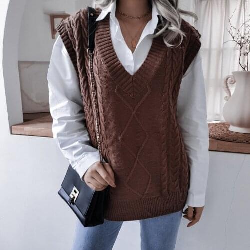 2021 Women Coffee Loose Knitted Sweater Vest Vintage V Neck Sleeveless Female College Style Waistcoat Chic Tops жилет свитер