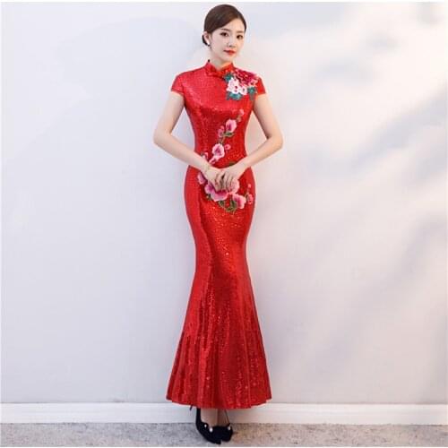 Red Sequined Fishtail Long Cheongsam Dress Women Modern Qipao Chinois Robe Orientale Traditional Chinese Gown Vintage Wedding