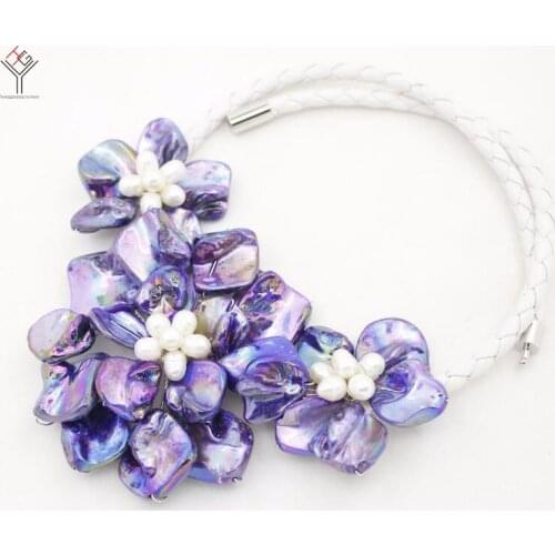 Women Classic Jewelry natural white pearl 3 blue purple flowers pendant shell mother of pearl necklace white leather 18"
