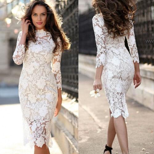 2020 Fashion Designer White Lace Party dress Women Sexy Long Sleeve Lace Crochet Hollow Out Slim Bodycon Dress