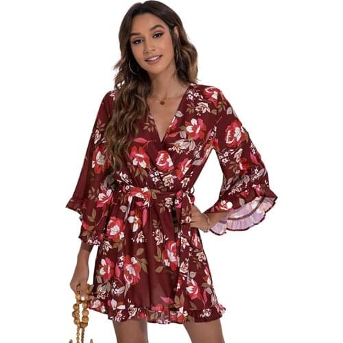 Summer Casual Floral Ruffles Print Mini Dress Autumn Fashion V-neck Lace Up Dresses For Women 2021 Blue Boho Belt Robe Femme