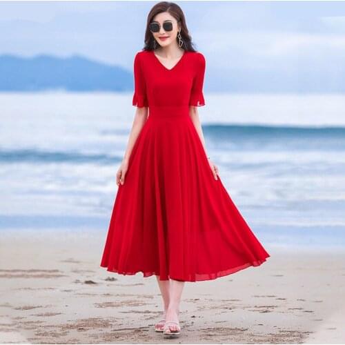 2021 New Summer Women Fashion Casual Beach Style V-Neck Vestidos Female Elegant One-piece Outerwear Solid Chiffon Dress B84