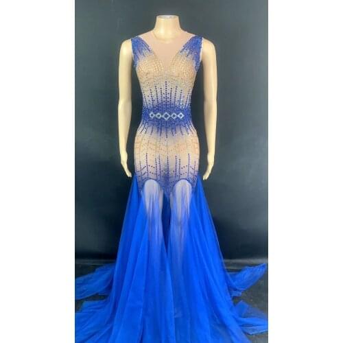 Blue Rhinestone Transparent Long Dress Birthday Celebrate Dress Sleeveless Outfit Women Dancer Singer Show Dress
