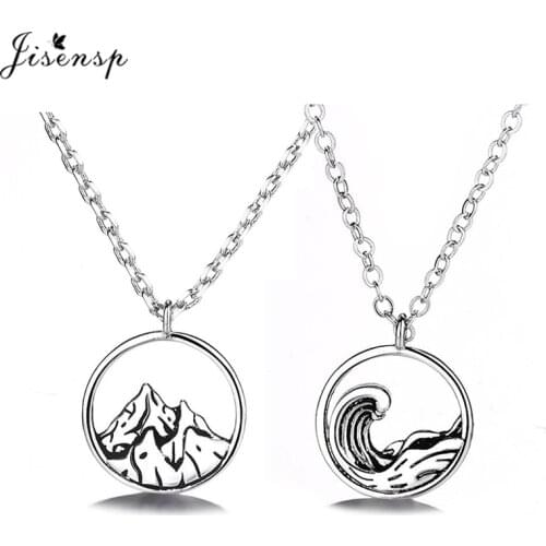 Jisensp Trendy Round Hollow Mountain Necklace Women Men Couple Jewelry Valentine Necklaces Nature Hiker Climbing Lover Gifts