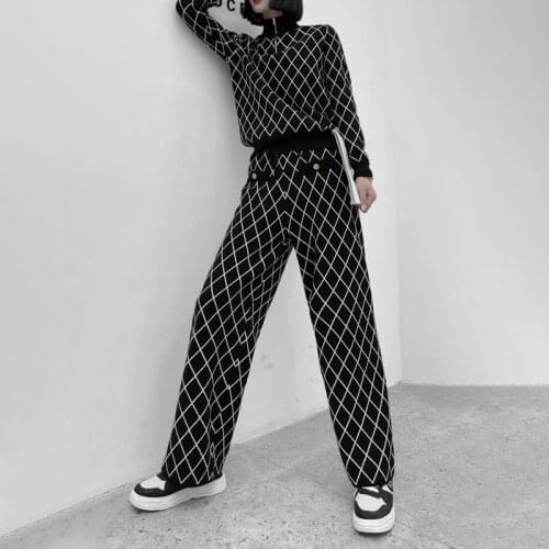 JSXDHK Autumn Winter Knit Pant Two Piece Set Women Rhombus Grid Knitted Zipper Black Sweater Trousers Sets + Wide Leg Pants Suit