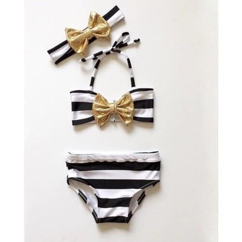 Girl Swimsuits Children Baby Girls Striped Bowknot 3pcs Bikini Set Swimwear Swimsuit Swimming 2Y-7Y