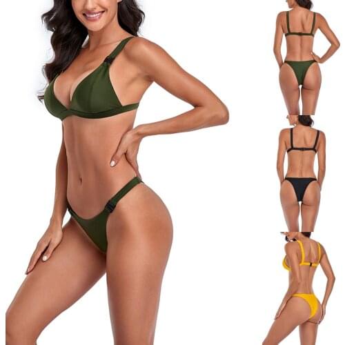 Swimsuit Women Solid Color Sexy Triangle Clasp Split Body Swimsuit Bikini 2021 Girl Swimwear Summer Bathing Suit Women