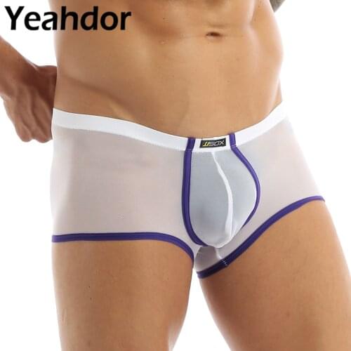 Mens Erotic Underwear Mesh See Through Stretchy Breathable Boxer Briefs Shorts with Bulge Pouch Male Sexy Transparent Underpants