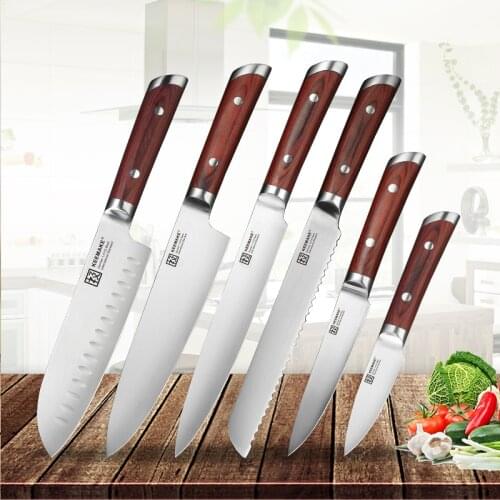 KEEMAKE 6PCS Kitchen Chef Knives Set German 1.4116 Steel knife Sharp Santoku Bread Utility Knife Color Wood Handle Slicing Cut
