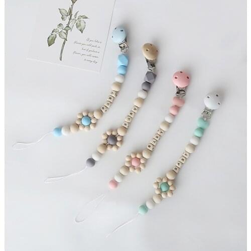 New DIY Silicone Wood Beads Baby Pacifier Clip Floral Pacifier Chain for Baby Teething Soother Chew Toy Hanging Decoration