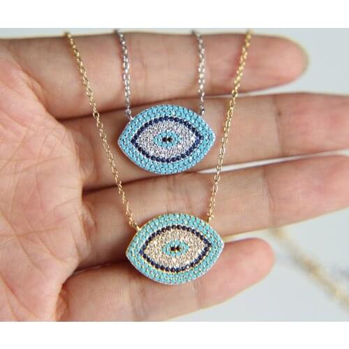 Silver gold color 925 sterling silver metal micro pave cz evil eye 16+2 inch collar pendant necklace for women
