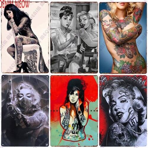 Sexy Lady Tattoo Girl Metal Sign Vintage Studio Wall Decoration Painting Poster Party Cinema Shop Tattoo Parlors Home Decor WY85