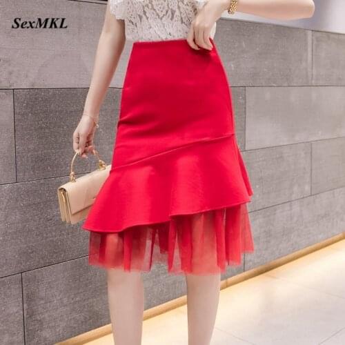 Mesh Patchwork Red Skirts Women 2020 Plus Size Autumn Winter Casual High Waist Skirt Black Office Ladies Korean Pencil Skirts