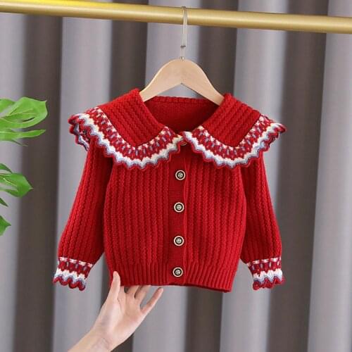 Baby Girls Sweaters 2021 Autumn Winter Toddler Turn Down Collar Single Breasted Knitted Sweater Cardigan Children Clothes