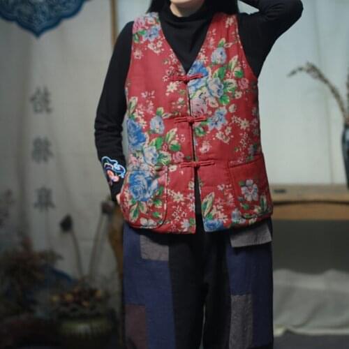 Traditional Chinese Style Clothing Women Vest Fashion Retro Print Qipao Tops Elegant Waistcoats Sleeveless Hanfu Coats 12314