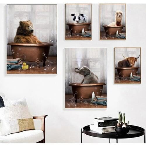 Bathtub Bear Cow Elephant Alpaca Bathroom Wall Art Canvas Painting Nordic Posters And Prints Wall Pictures For Living Room Decor