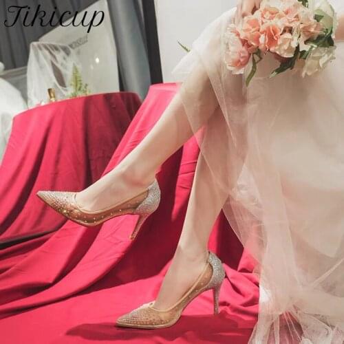 Tikicup Glitter Sequins Back Women Gauze Rhinestones Pointy Toe High Heel Party Shoes Gorgeous Stiletto Pumps Purple Silver