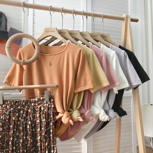 2021 Summer Women Soft French Round Neck Short Sleeve Knit Sweater Bottoming Shirt Solid Color T-shirt Casual And Comfortable