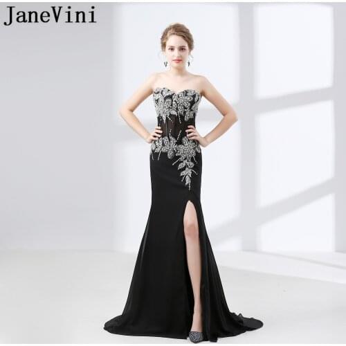 JaneVini Custom Crystal Long Evening Dresses Mermaid Beaded Sequins Party Gowns Sexy Split Women Formal Wear Black lange jurken
