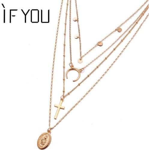 IF YOU Bohemia Multilayer Cross Coin Moon Pendant Necklace Set For Women Vintage Shell Statement Gold Color Necklaces Jewelry