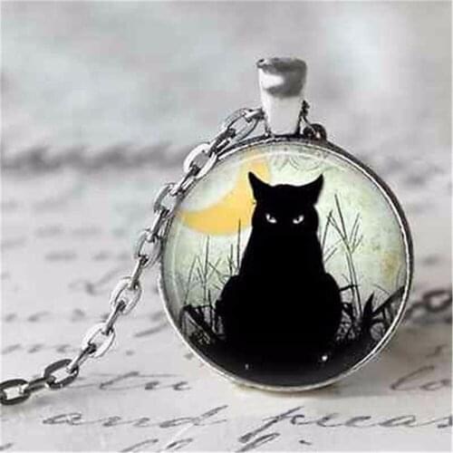 Chic Women Vintage Black Cat Cabochon Glass Chain Pendant Necklace