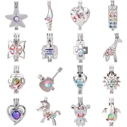 1pc Hollow Open Heart Flower Guitar Cross Skull Pearl Cage Pendant Bead Cage Essential Oil Diffuser Lockets Jewelry Making