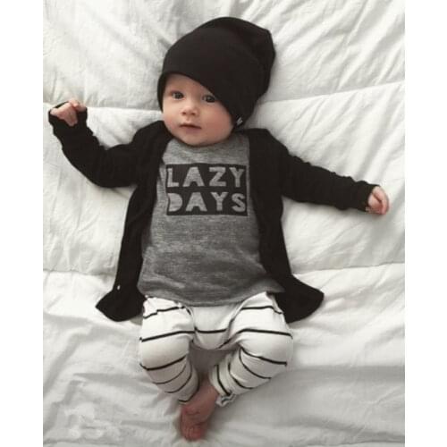 2020 Autumn Fashion Newborn Baby Boy Clothes Cotton Long sleeve Letter LAZY DAYS T shirt+Pants 2 Pcs Outfits Infant Clothing Set