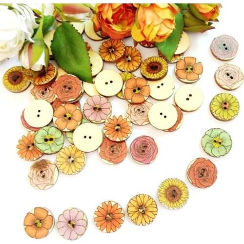 50pcs vintage flower Buttons 20mm mix color decorativos buttons Crafts Scrapbooking 2 Holes wooden buttons
