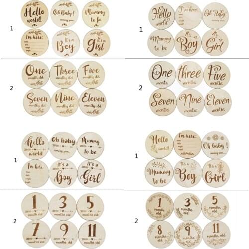 6 Pcs Handmade Baby Milestone Card Vintage Numbers Engraved Wood Infants Gender Card Bathing Gift Newborn Photography Props Set