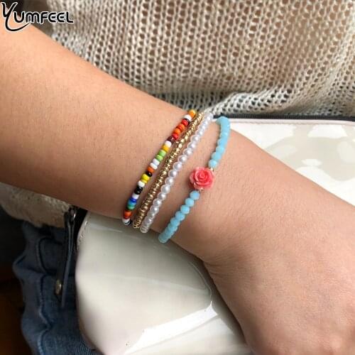 Yumfeel New Trendy Imitation Pearl Glass Crystal Rose Flower Bracelet Women Jewelry 4pcs/Set